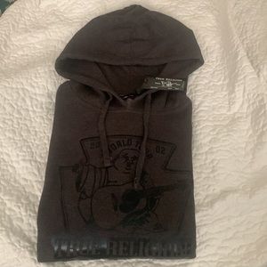 TRUE RELIGION Charcoal Heather Grey Foil Buddha Kangaroo Pocket Hoodie L